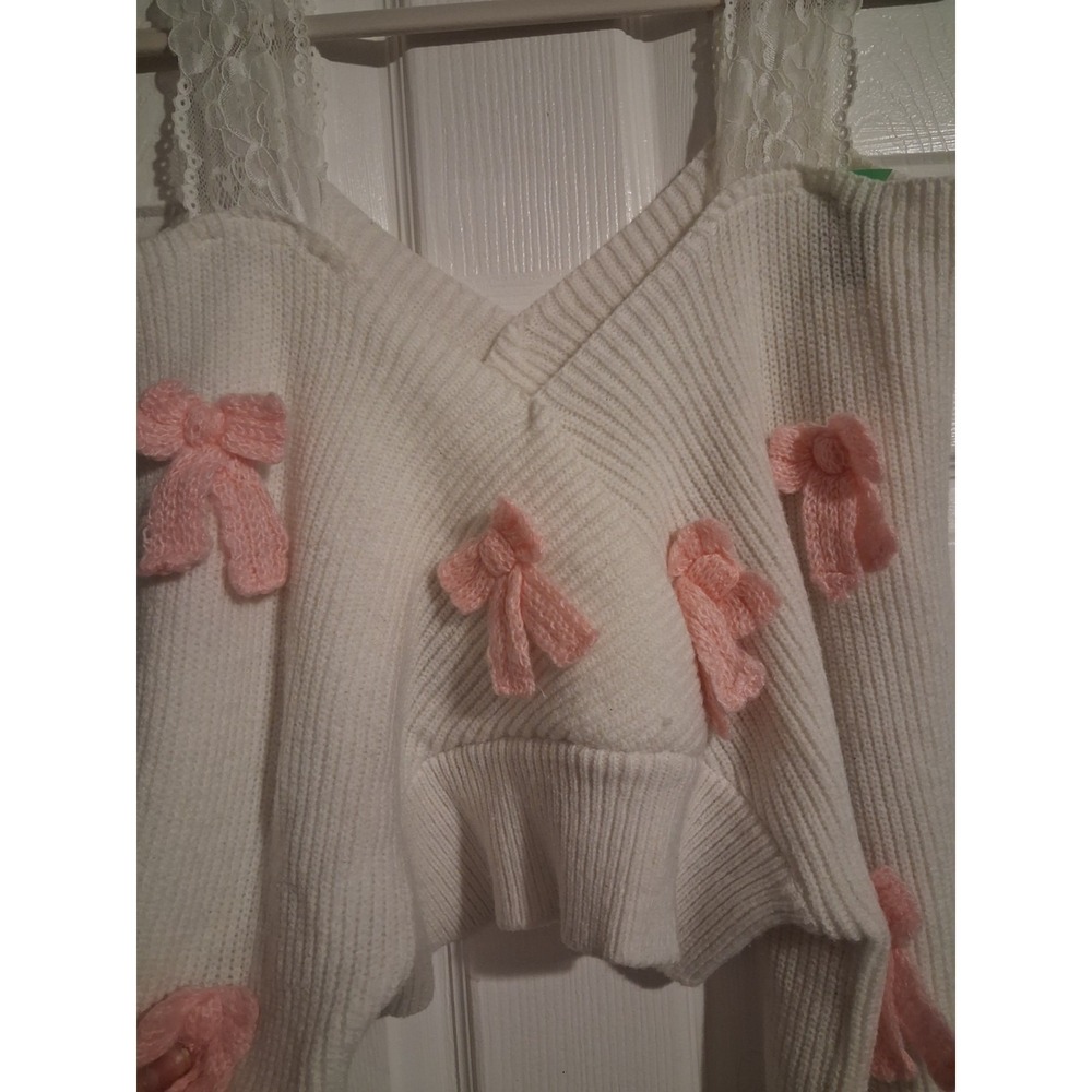 Pink Bow Lace Strap Ivory Knit Sweater Coquette Balletcore Fairycore Womens XL - Picture 4 of 9
